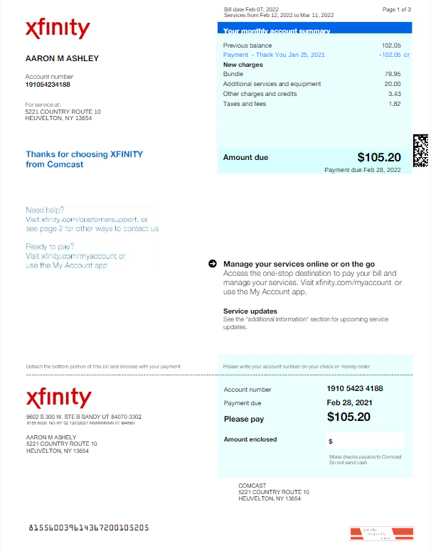 USA XFINITY utility bill Word and PDF template, version 2
